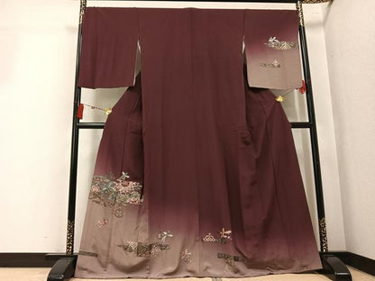 平和屋着物●訪問着　刺繍　花喰い鳥　更紗　暈し染め　銀彩　正絹　逸品　AABK7013ph