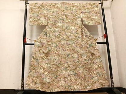 平和屋着物●上質な小紋　紬地　型染め　地紙草花文　正絹　逸品　AABK7014ph