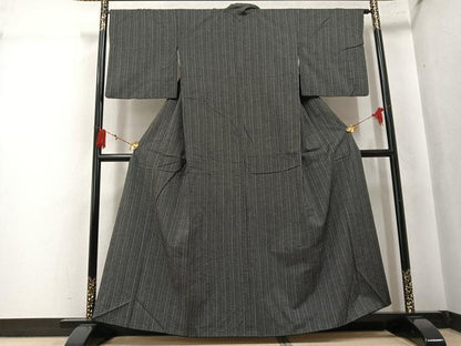平和屋着物●上質な紬　縞　黒地　正絹　逸品　AABK7022ph