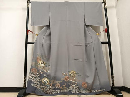平和屋着物●豪華色留袖　駒刺繍　雪輪流水草花文　暈し染め　金銀彩　正絹　逸品　AABK7023ph