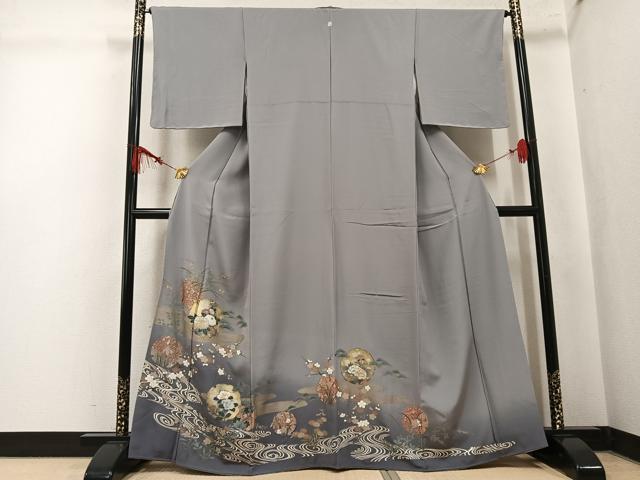平和屋着物●豪華色留袖　駒刺繍　雪輪流水草花文　暈し染め　金銀彩　正絹　逸品　AABK7023ph