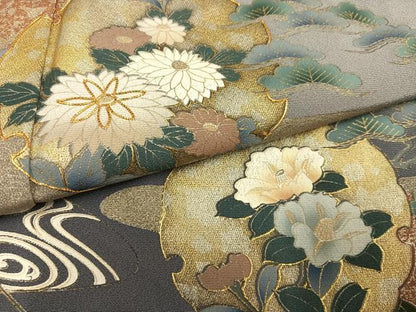 平和屋着物●豪華色留袖　駒刺繍　雪輪流水草花文　暈し染め　金銀彩　正絹　逸品　AABK7023ph