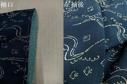 平和屋着物●上質な小紋　藍　型染め　千鳥　鬼しぼ縮緬　正絹　逸品　AABK7027ph