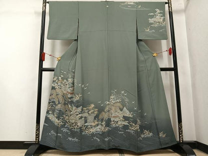 平和屋着物●訪問着　浜松風景群れ鶴文　暈し染め　金彩　正絹　逸品　AABK7037ph