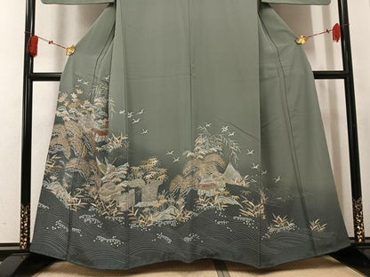 平和屋着物●訪問着　浜松風景群れ鶴文　暈し染め　金彩　正絹　逸品　AABK7037ph