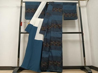 平和屋着物●結城紬　横段文　背抜き仕立て　正絹　逸品　未使用　AABK7043ph