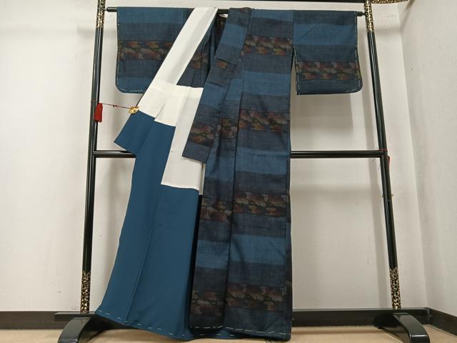 平和屋着物●結城紬　横段文　背抜き仕立て　正絹　逸品　未使用　AABK7043ph