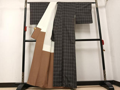 平和屋着物●上質な紬　格子　正絹　逸品　AABK7045ph