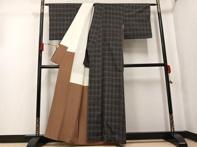 平和屋着物●上質な紬　格子　正絹　逸品　AABK7045ph