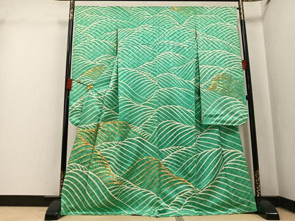平和屋着物●豪華振袖　駒刺繍　立波文　正絹　逸品　AABK7047ph