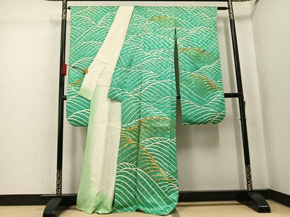 平和屋着物●豪華振袖　駒刺繍　立波文　正絹　逸品　AABK7047ph