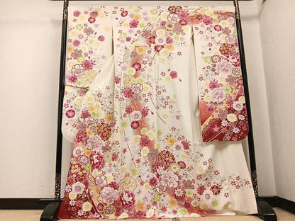 平和屋着物●豪華振袖　刺繍　花蝶文　暈し染め　金銀彩　銀通し地　正絹　逸品　AABK7052ph
