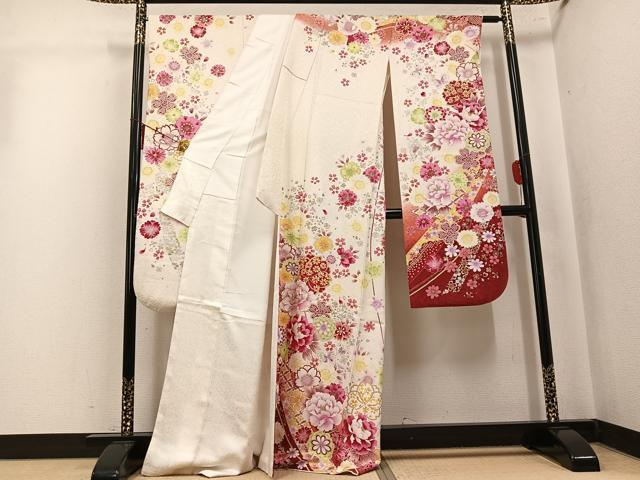 平和屋着物●豪華振袖　刺繍　花蝶文　暈し染め　金銀彩　銀通し地　正絹　逸品　AABK7052ph