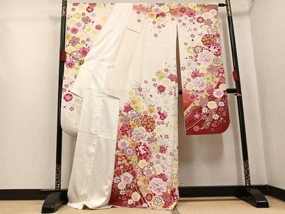 平和屋着物●豪華振袖　刺繍　花蝶文　銀彩　銀通し地　ロング丈　正絹　逸品　AABK7059ph
