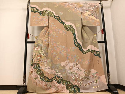 平和屋着物●京友禅の第一人者　松井青々　訪問着　鴛鴦花文　金銀彩　正絹　逸品　AABK7060ph