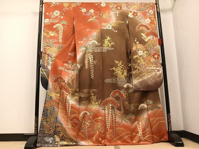 平和屋着物●豪華振袖　駒刺繍　鳳凰草花文　正絹　逸品　AABK7061ph