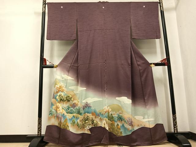 平和屋着物●野口彦太郎　大彦三代目　江戸染繍友禅　色留袖　刺繍　樹林文　暈し染め　金銀糸　正絹　逸品　AABK7063ph
