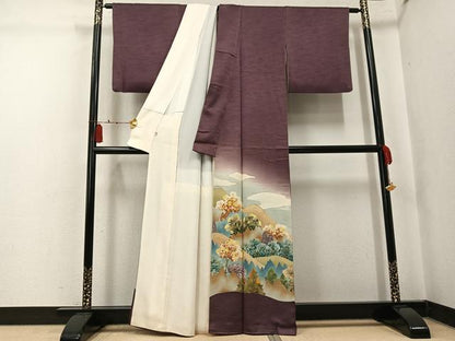 平和屋着物●野口彦太郎　大彦三代目　江戸染繍友禅　色留袖　刺繍　樹林文　暈し染め　金銀糸　正絹　逸品　AABK7063ph