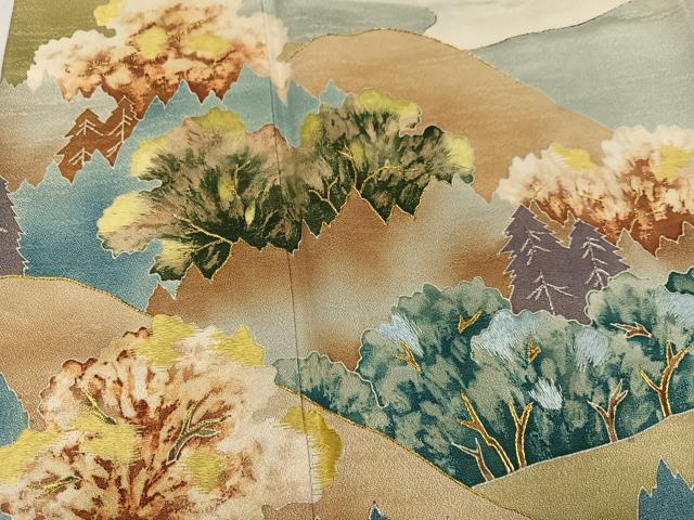 平和屋着物●野口彦太郎　大彦三代目　江戸染繍友禅　色留袖　刺繍　樹林文　暈し染め　金銀糸　正絹　逸品　AABK7063ph
