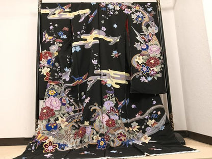 平和屋着物●手ざし京紅型染・宮崎紅型　宮崎良次　振袖　花蝶飛鳥文　黒地　丹後ちりめん　仮絵羽　逸品　未使用　AABK7064ph