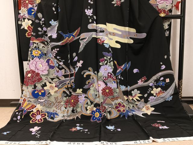 平和屋着物●手ざし京紅型染・宮崎紅型　宮崎良次　振袖　花蝶飛鳥文　黒地　丹後ちりめん　仮絵羽　逸品　未使用　AABK7064ph