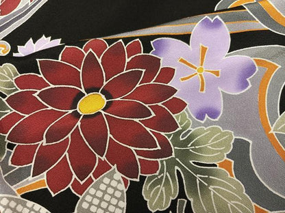 平和屋着物●手ざし京紅型染・宮崎紅型　宮崎良次　振袖　花蝶飛鳥文　黒地　丹後ちりめん　仮絵羽　逸品　未使用　AABK7064ph