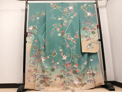 平和屋着物●豪華振袖　友禅　駒刺繍　貝桶枝花文　暈し染め　金彩　正絹　逸品　AABK7065ph