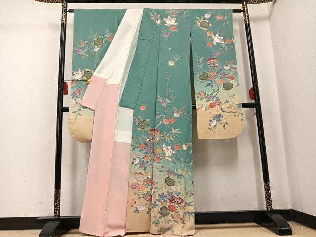 平和屋着物●豪華振袖　友禅　駒刺繍　貝桶枝花文　暈し染め　金彩　正絹　逸品　AABK7065ph