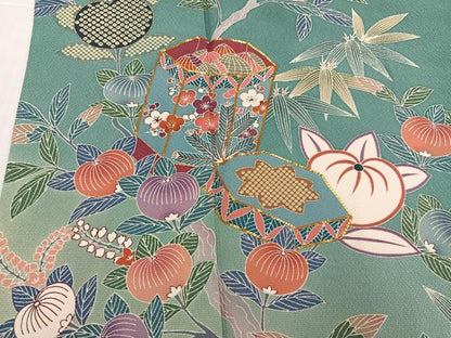 平和屋着物●豪華振袖　友禅　駒刺繍　貝桶枝花文　暈し染め　金彩　正絹　逸品　AABK7065ph