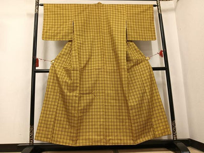 平和屋着物●黄八丈　紬　綾織　格子　正絹　逸品　未使用　AABK7069ph