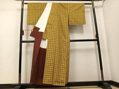平和屋着物●黄八丈　紬　綾織　格子　正絹　逸品　未使用　AABK7069ph