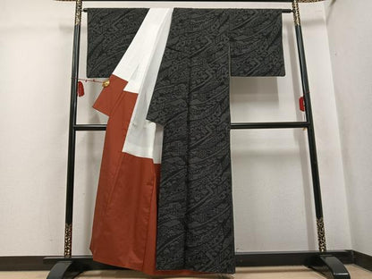 平和屋着物●結城玉紬　80亀甲　風景文　結織苑　証紙付き　正絹　逸品　AABK7074ph