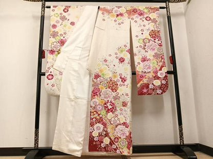 平和屋着物●豪華振袖　刺繍　花蝶文　暈し染め　金銀彩　銀通し地　正絹　逸品　AABK7076ph
