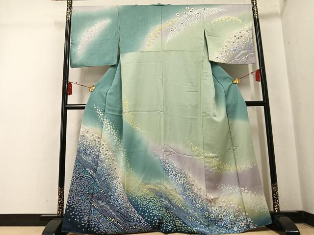平和屋着物●訪問着　舞桜文　暈し染め　銀通し地　正絹　逸品　AABK7082ph