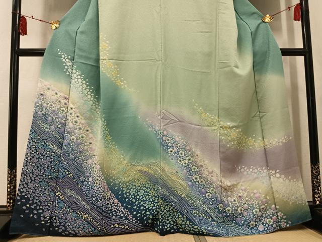 平和屋着物●訪問着　舞桜文　暈し染め　銀通し地　正絹　逸品　AABK7082ph
