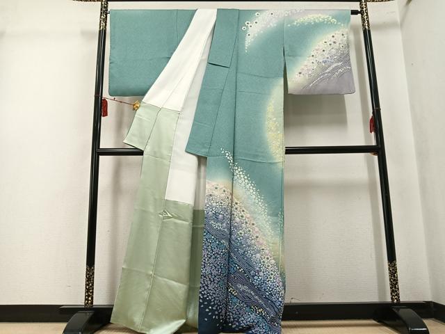 平和屋着物●訪問着　舞桜文　暈し染め　銀通し地　正絹　逸品　AABK7082ph