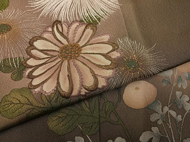 平和屋着物●アンティーク 大正ロマン ファッションデザイナー 花井幸子 訪問着 刺繍 草花文 暈し染め 金糸 正絹 逸品 AABK7087ph