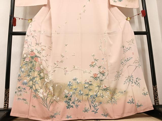 平和屋着物●十日町友禅作家　松雨　訪問着　枝花文　暈し染め　金彩　正絹　逸品　未使用　AABK7090ph