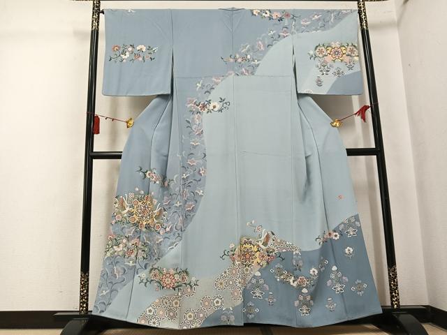 平和屋着物●訪問着　作家物　駒刺繍　鳳凰花唐草文　金彩　正絹　逸品　AABK7107ph
