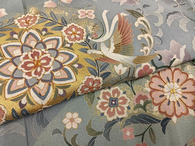 平和屋着物●訪問着　作家物　駒刺繍　鳳凰花唐草文　金彩　正絹　逸品　AABK7107ph