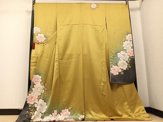 平和屋着物●豪華振袖　草花文　暈し染め　金彩　金通し地　ロング丈　正絹　逸品　AABK7113ph