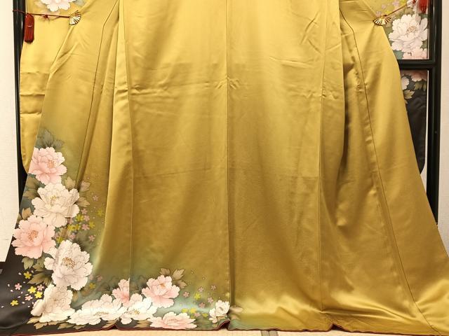 平和屋着物●豪華振袖　草花文　暈し染め　金彩　金通し地　ロング丈　正絹　逸品　AABK7113ph