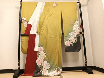 平和屋着物●豪華振袖　草花文　暈し染め　金彩　金通し地　ロング丈　正絹　逸品　AABK7113ph