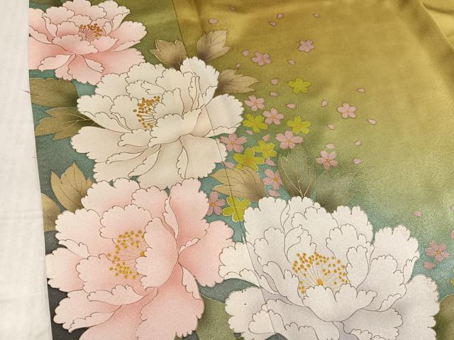 平和屋着物●豪華振袖　草花文　暈し染め　金彩　金通し地　ロング丈　正絹　逸品　AABK7113ph