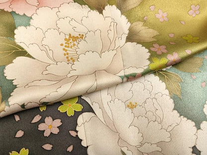平和屋着物●豪華振袖　草花文　暈し染め　金彩　金通し地　ロング丈　正絹　逸品　AABK7113ph
