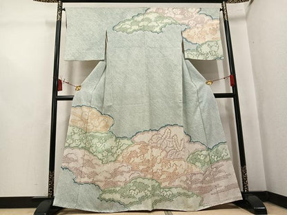 平和屋着物●訪問着　総絞り　雲重ね草花文　正絹　逸品　AABK7116ph