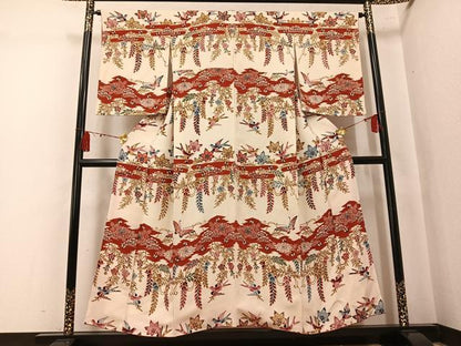 平和屋着物●訪問着　型染め　花鳥舞蝶文　鬼しぼ縮緬　正絹　逸品　AABK7152ph