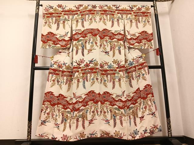 平和屋着物●訪問着　型染め　花鳥舞蝶文　鬼しぼ縮緬　正絹　逸品　AABK7152ph