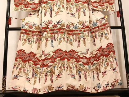 平和屋着物●訪問着　型染め　花鳥舞蝶文　鬼しぼ縮緬　正絹　逸品　AABK7152ph