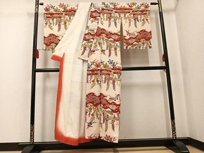 平和屋着物●訪問着　型染め　花鳥舞蝶文　鬼しぼ縮緬　正絹　逸品　AABK7152ph